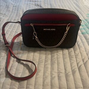 Michael Kors Dark Brown and Red Chain Crossbody Bag